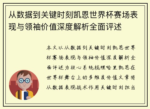 从数据到关键时刻凯恩世界杯赛场表现与领袖价值深度解析全面评述