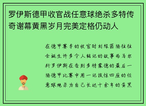 罗伊斯德甲收官战任意球绝杀多特传奇谢幕黄黑岁月完美定格仍动人